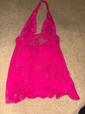 Vintage Y2K Victoria’s Secret Neon Hot Pink Lace Halter Babydoll Shiny Lingerie